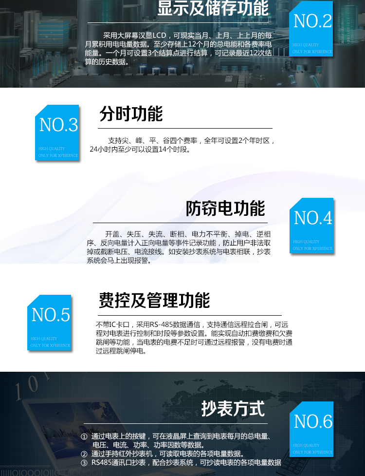 華立DDZY285-J電能表主要功能
　　電能計量功能
　　計量參數：具有正、反向組合有功電能的計量功能，組合有功電能可由正反向有功電能進行選擇性組合。
　　測量功能：能測量電壓、電流(包含零線)，有功功率以及功率因數等電網參數。
　　分時功能：支持尖、峰、平、谷四個費率，全年可設置2個年時區，24小時內至少可以設置14個時段。
　　數據存儲：至少存儲上12個月的總電能和各費率電能量。一個月可設置3個結算點進行結算，可記錄最近12次結算的歷史數據。
　　顯示功能：采用大屏幕漢顯LCD，可現實當月、上月、上上月的每月累積用電電量數據。
　　防竊電功能
　　開蓋記錄功能，記錄開表蓋總次數，防止非法更改電路。
　　反向電量計入正向電量，用戶如將電流線接反，不具有竊電作用，電表照樣正向走字
　　具有記錄編程、掉電、校時、跳閘等事件發生的時刻以及事件發生時電能表狀態，防止用戶更改電表數據。
　　具有凍結和報警功能。
　　以上情況如發出，電表會出現報警標志，如安裝抄表系統與電表相聯，抄表系統會馬上出現報警。
　　費控功能
　　電表不帶IC卡口，采用RS-485和無線進行數據通信，支持通信遠程拉合閘。
　　費控管理功能
　　可通過遠程對電能表進行遠程拉、合閘控制和時段等參數設置，進而對用戶的用電實施遠程管理。
　　能實現自動扣費繳費的功能和欠費跳閘等功能，當電表的電費不足時可以通過遠程報警，沒有電費時通過遠程跳閘停電，操作管理十分方便。
　　抄表方式
　　通過電表上的按鍵，可在液晶屏上查詢到電表每月的總電量、電壓、電流、功率、功率因數等數據。
　　通過手持紅外抄表機，可讀取電表的各項電量數據。
　　RS485通訊口抄表，配合抄表系統，可抄讀電表的各項電量數據。并支持DL/T645-2007多功能電能表通訊規約。