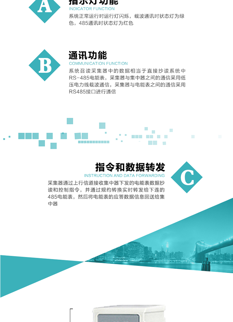 功能及特點：
1、 通訊功能，系統召讀采集器中的數據相當于直接抄讀系統中RS-485電能表，采集器與集中器之間的通信采用低壓電力線載波通信，采集器與電能表之間的通信采用RS485接口進行通信
2、 指令和數據轉發功能，采集器通過上行信道接收集中器下發的電能表數據抄讀和控制指令，并通過規約轉換實時轉發給下連的485電能表，然后將電能表的應答數據信息回送給集中器。
3、 指示燈功能，系統正常運行時運行燈閃爍，載波通訊時狀態燈為綠色，485通訊時狀態燈為紅色