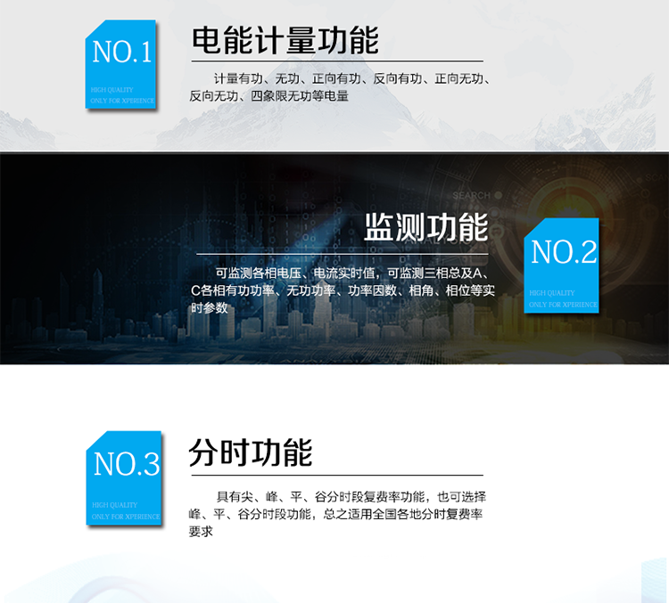 主要功能
　　電能計量功能
　　① 計量參數(shù)：可計量有功、無功、正向有功、反向有功、正向無功、反向無功、四象限無功等電量。
　　② 監(jiān)測參數(shù)：可監(jiān)測各相電壓、電流實時值，可監(jiān)測三相總及A、C各相有功功率、無功功率、功率因數(shù)、相角、相位等實時參數(shù)。
　　③ 分時功能：具有尖、峰、平、谷分時段復(fù)費率功能，也可選擇峰、平、谷分時段功能，總之適用全國各地分時復(fù)費率要求。
　　④ 數(shù)據(jù)存儲：可按月存儲當(dāng)月、上月、上上月至上12月的每月電量數(shù)據(jù);可按月存儲每月的總、尖、峰、平、谷電量等數(shù)據(jù);可存儲電壓、電流、正反向有無功電量數(shù)據(jù)。
　　⑤ 具有6類負荷曲線記錄功能。
　　⑥ 顯示功能：可顯示最近3月的每月電量數(shù)據(jù)。