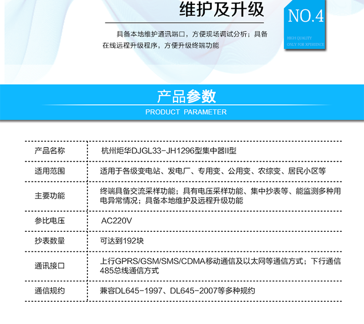 DJGL33-JH1296型集中器II型
產品標準
?Q/GDW 1373-2013 《電力用戶用電信息采集系統(tǒng)功能規(guī)范》
?Q/GDW 1374.2-2013《電力用戶用電信息采集系統(tǒng)技術規(guī)范 第二部分：集中抄表終端技術規(guī)范》
?Q/GDW 1375.2-2013《電力用戶用電信息采集系統(tǒng)技術規(guī)范 第二部分：集中器型式規(guī)范》
?Q/GDW 1376.1-2013《電力用戶用電信息采集系統(tǒng)通信協(xié)議 第一部分：主站與采集終端通信協(xié)議》